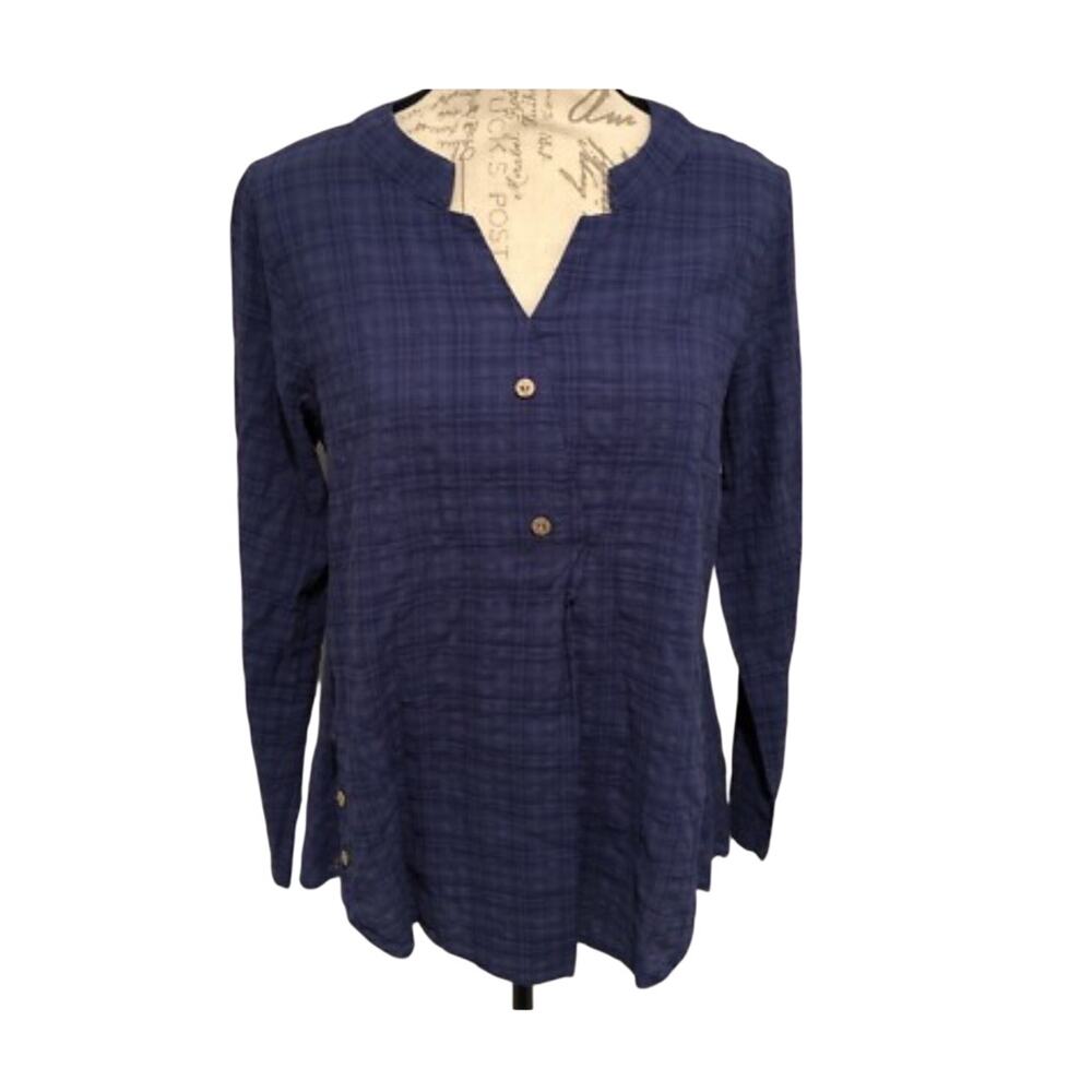 Womens Lagenlook Linen Blend‎ Tunic Top Button Blue Plaid Country Modest Boho M